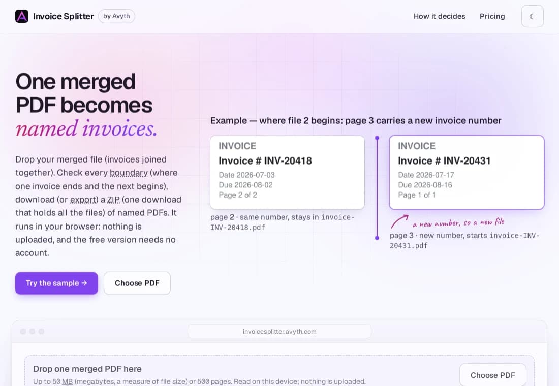 Actual Invoice Splitter browser interface