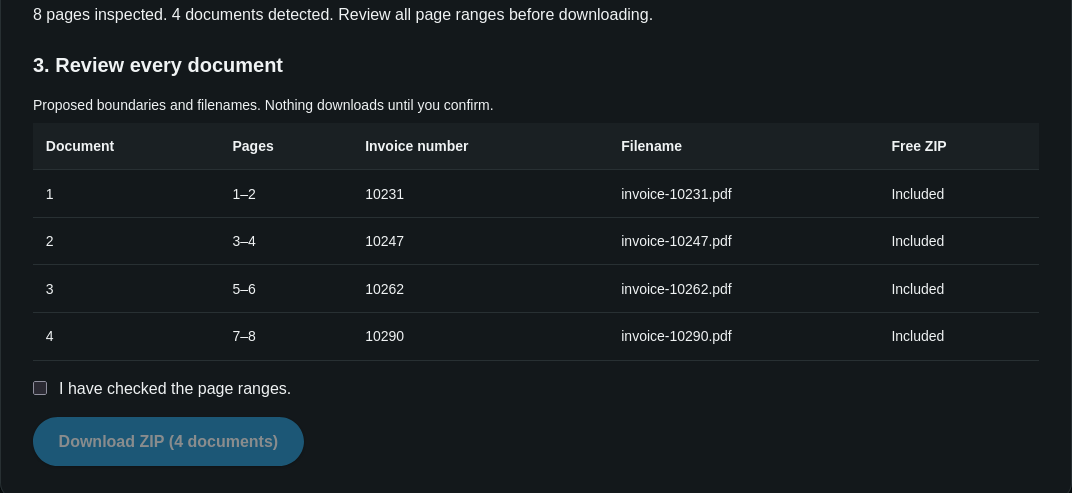 Invoice Splitter: an actual sample result
